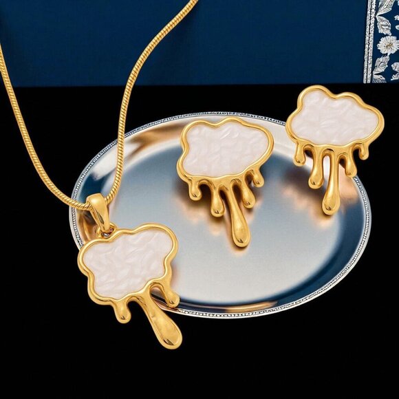 🆕️ Modern Gold Drip Necklace Earrings Set 18K Plated Stainless Steel Gift Ready - Picture 6 of 10